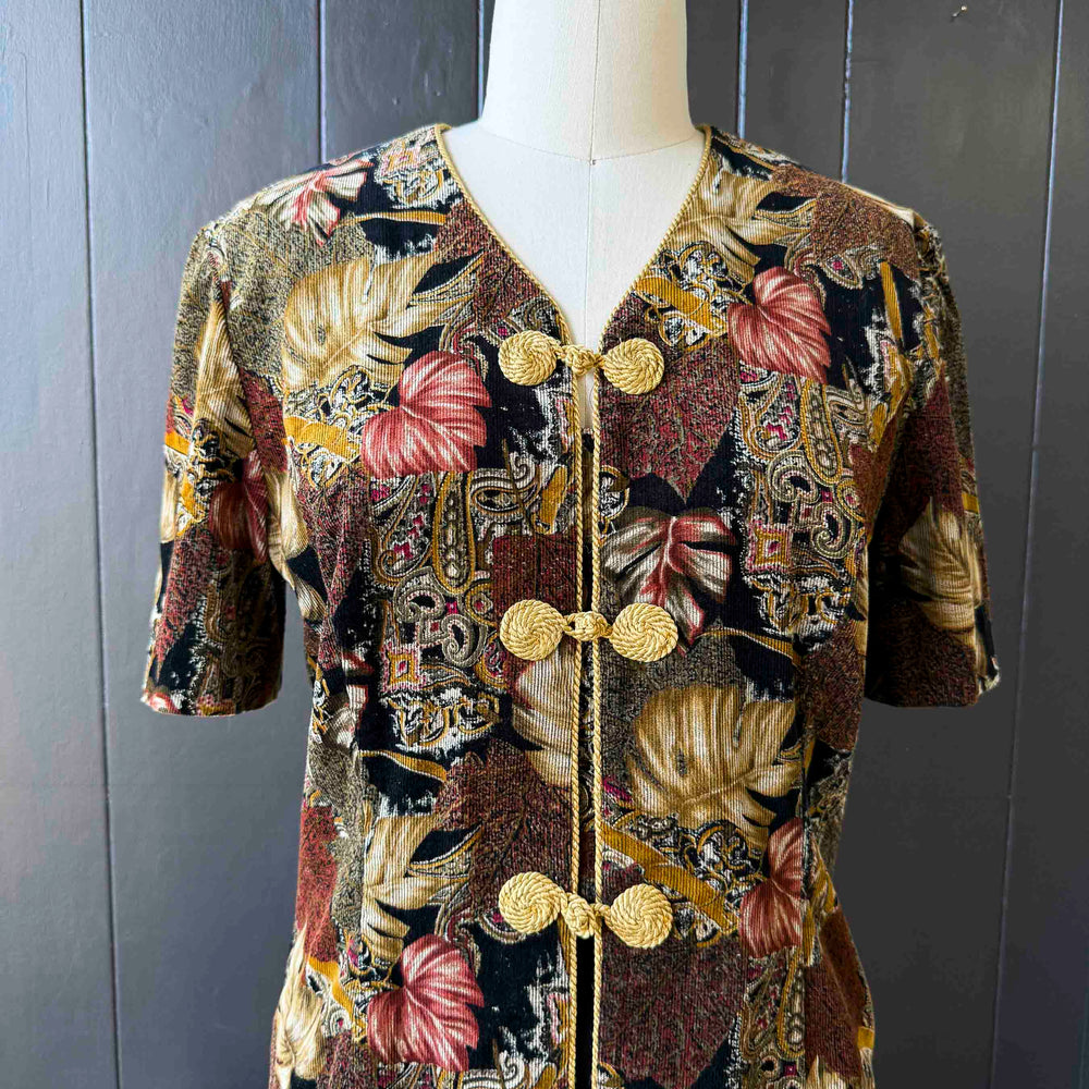 Vintage Black Gold & Mauve Corduroy Palm Print Top - Size XL