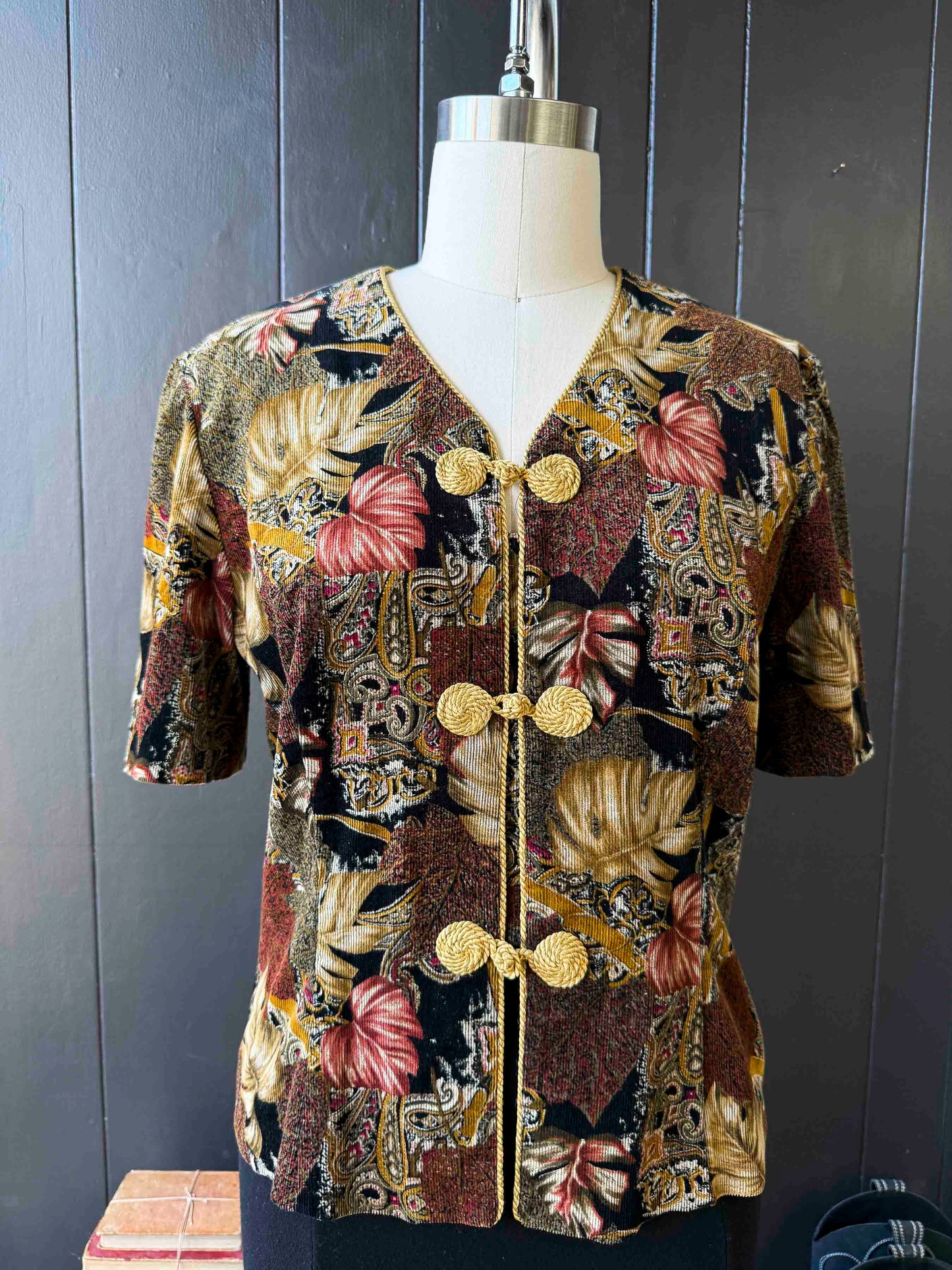Vintage Black Gold & Mauve Corduroy Palm Print Top - Size XL