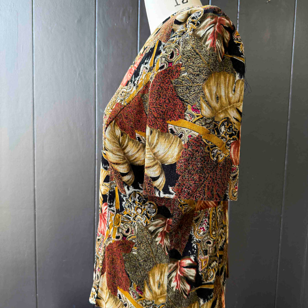 Vintage Black Gold & Mauve Corduroy Palm Print Top - Size XL
