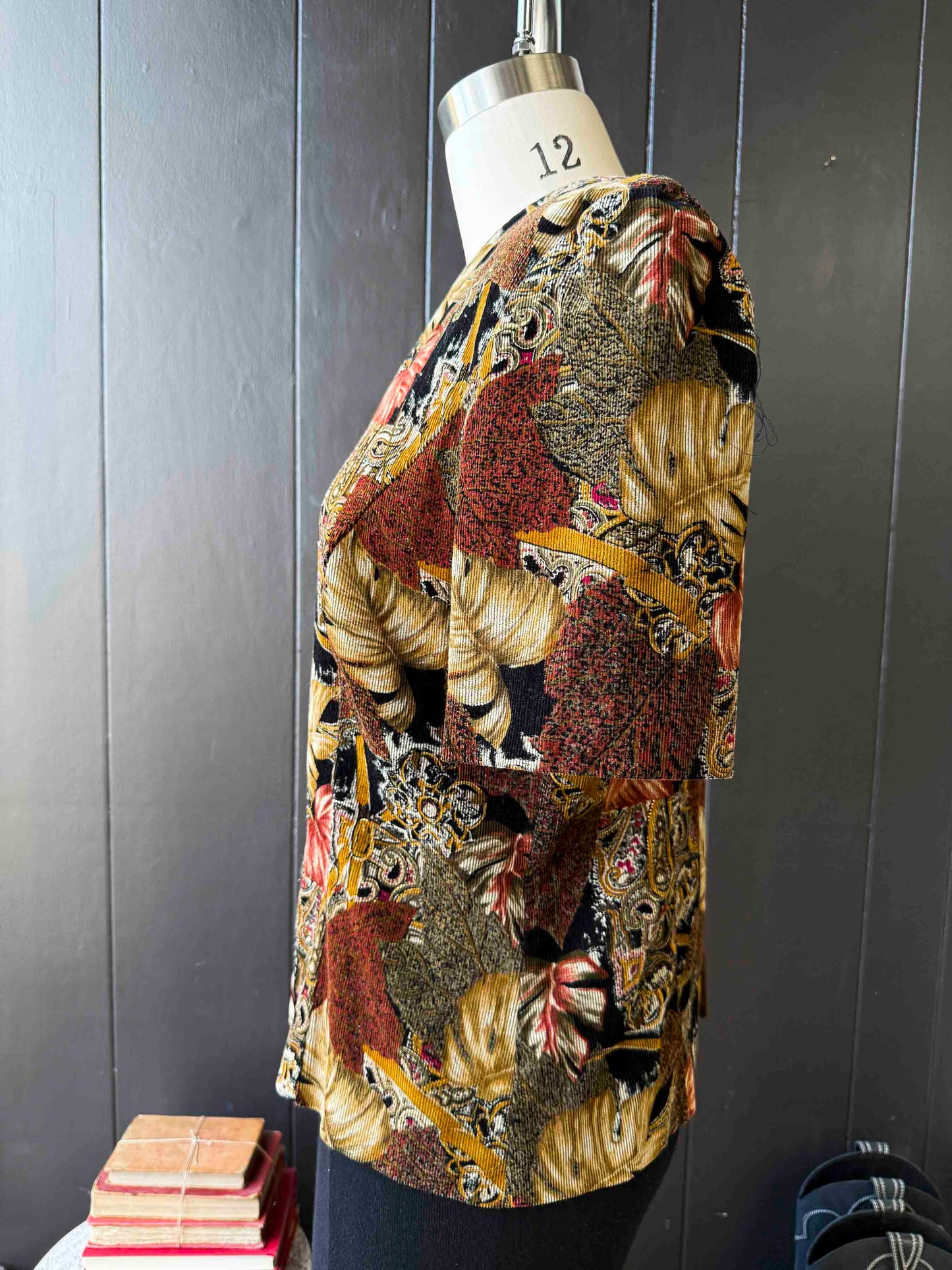 Vintage Black Gold & Mauve Corduroy Palm Print Top - Size XL