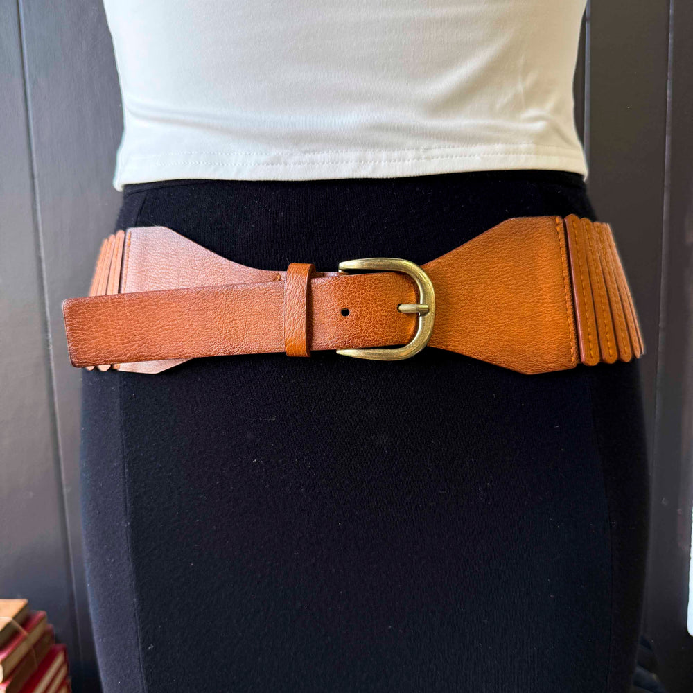 Pre-loved Wide Leather Stretch Tan Belt - Size L