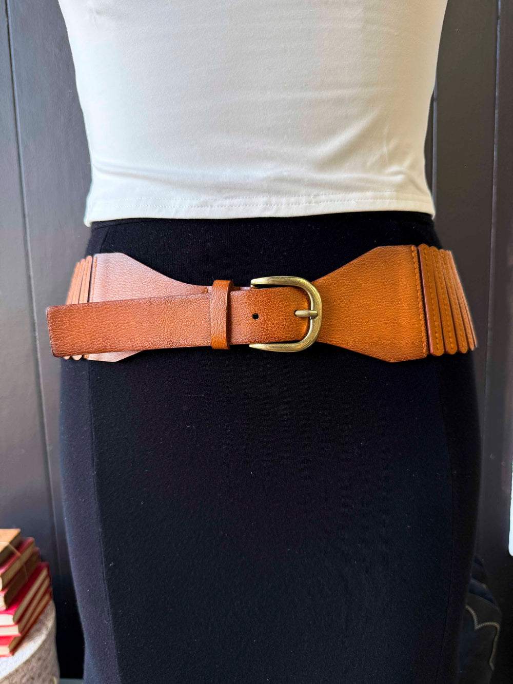 Pre-loved Wide Leather Stretch Tan Belt - Size L
