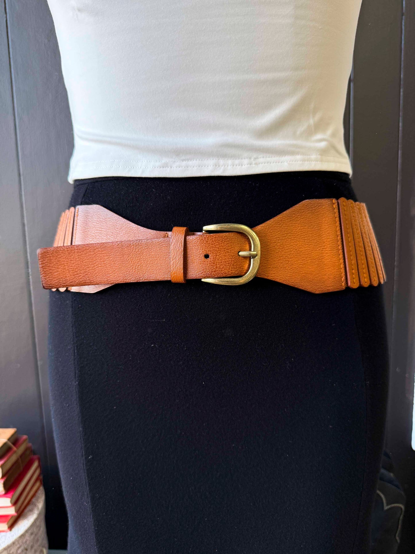 Pre-loved Wide Leather Stretch Tan Belt - Size L
