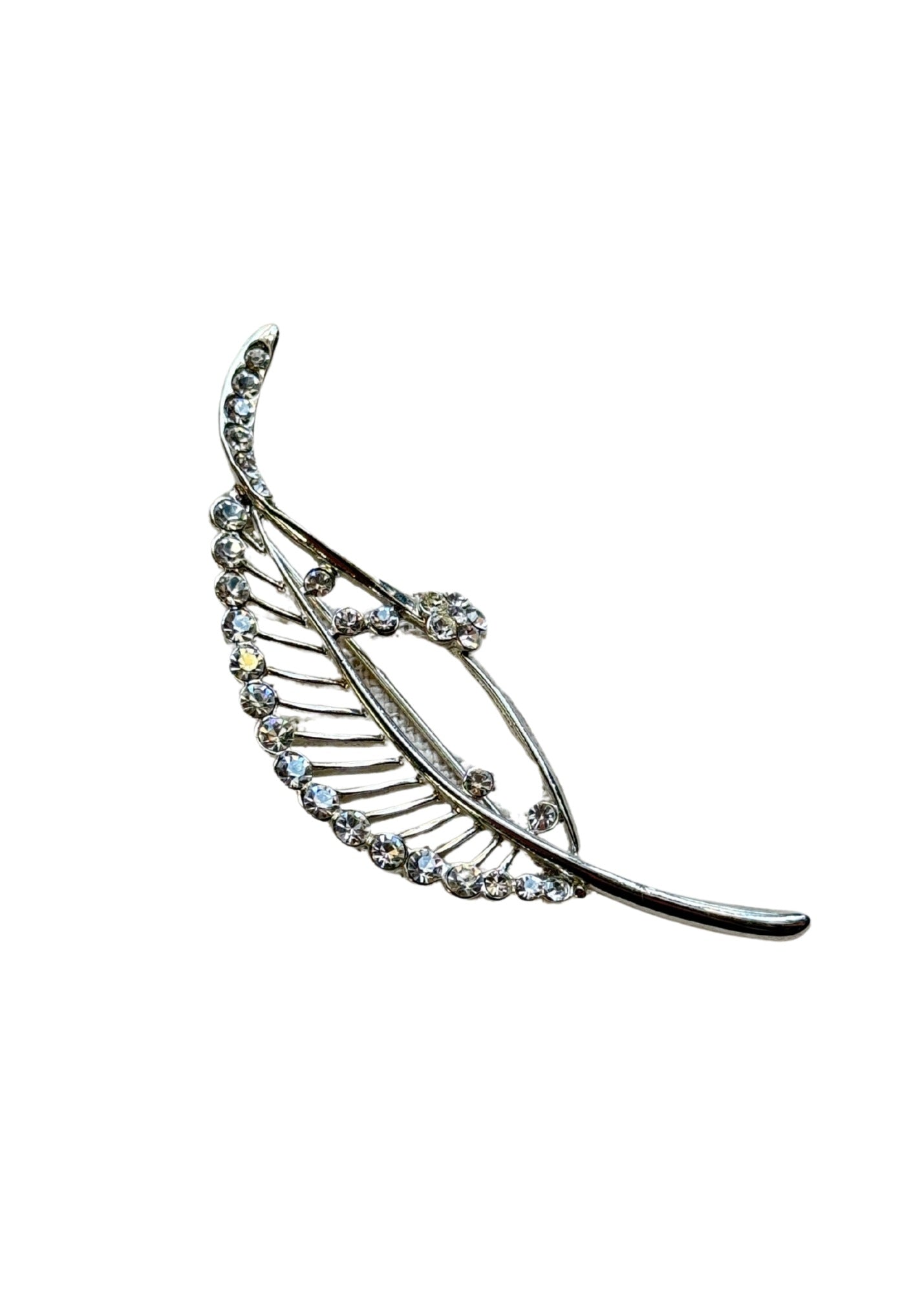 Vintage Silver Tone Feather Brooch with Rhinestones