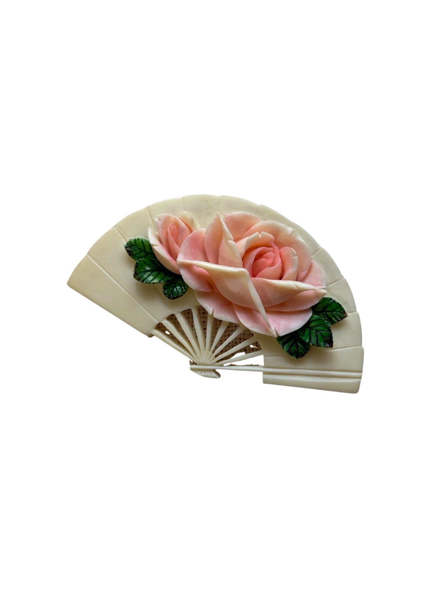 Vintage White Asian Fan with Pink Roses Brooch
