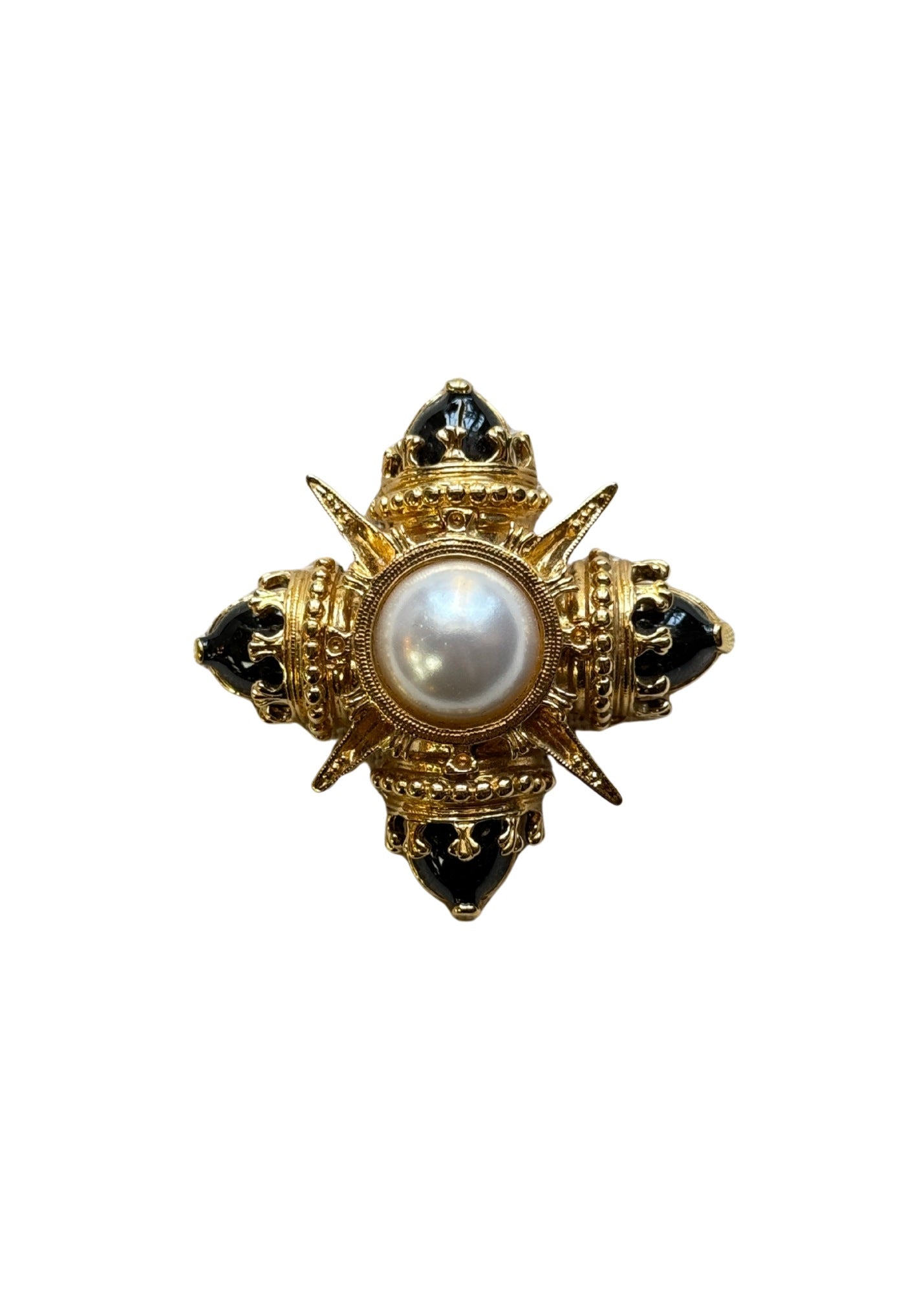 Vintage Black & Faux Pearl Maltese Cross Brooch