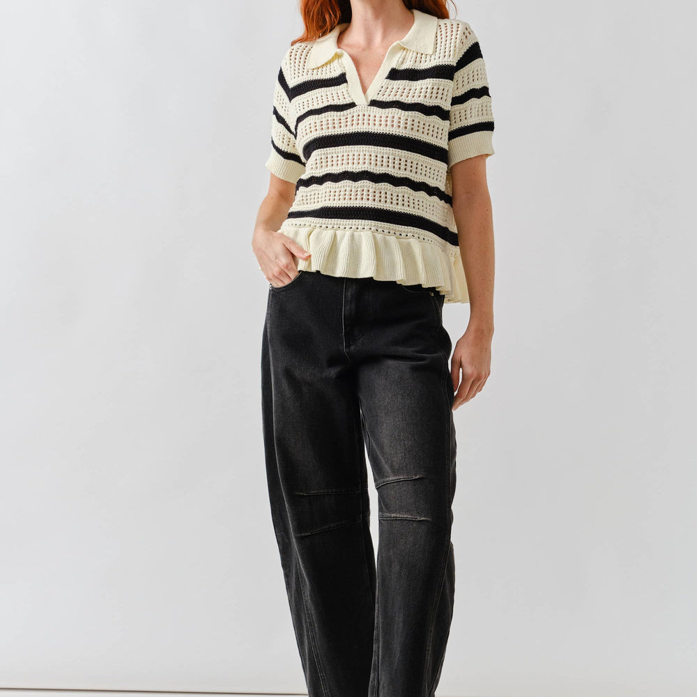 
                      
                        Open Knit Ruffle Hem Stripe Sweater
                      
                    