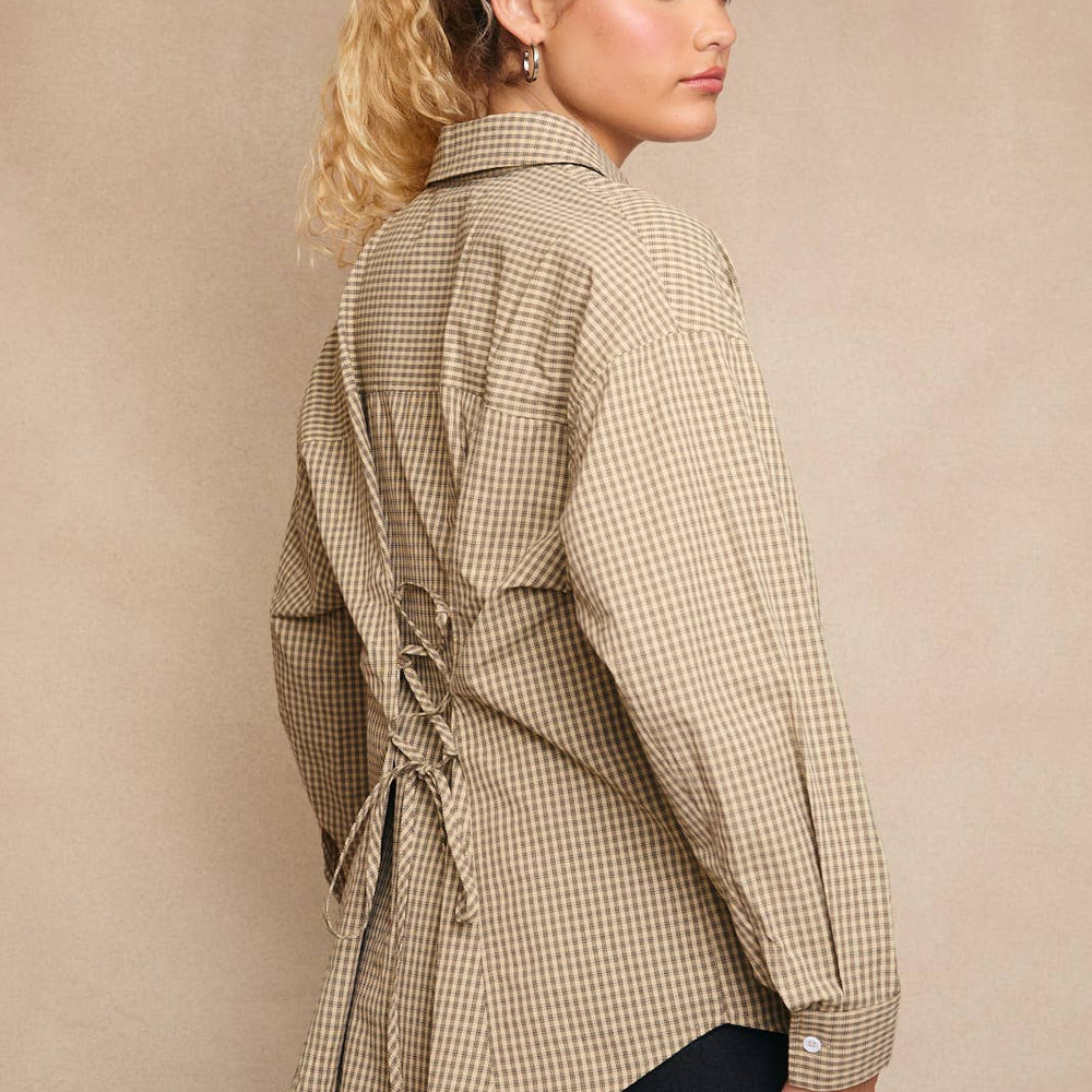Collard Lace Up Back Detail Oversized Shirt