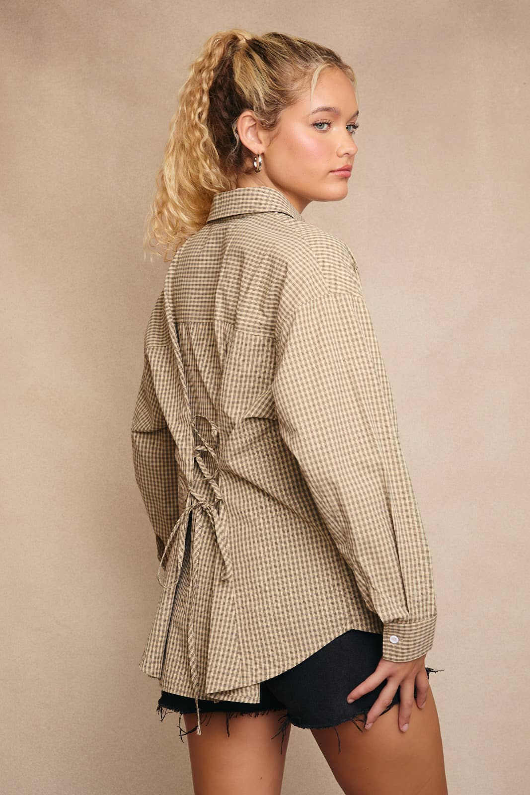 Collard Lace Up Back Detail Oversized Shirt