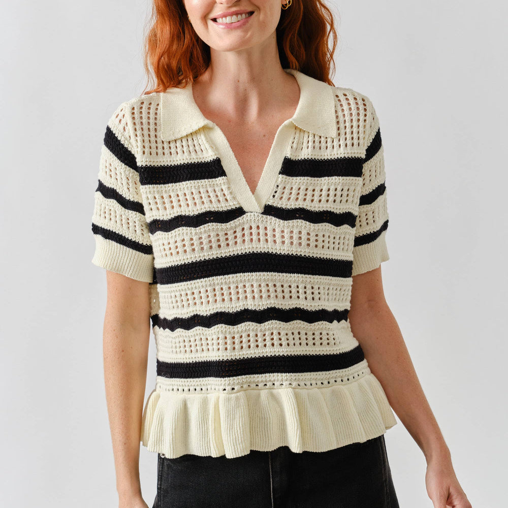 
                      
                        Open Knit Ruffle Hem Stripe Sweater
                      
                    