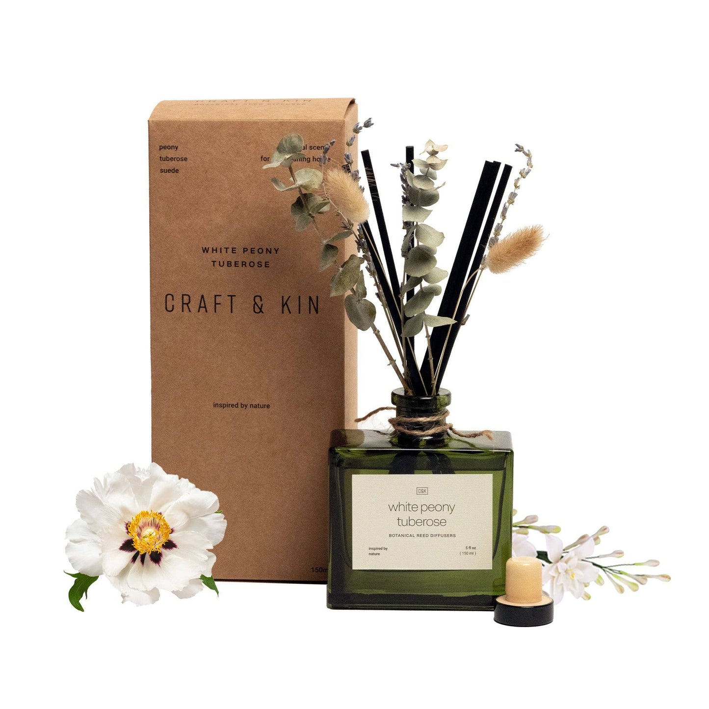 White Peony Tuberose Reed Diffuser with Flowers