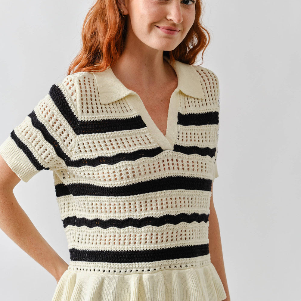 Open Knit Ruffle Hem Stripe Sweater