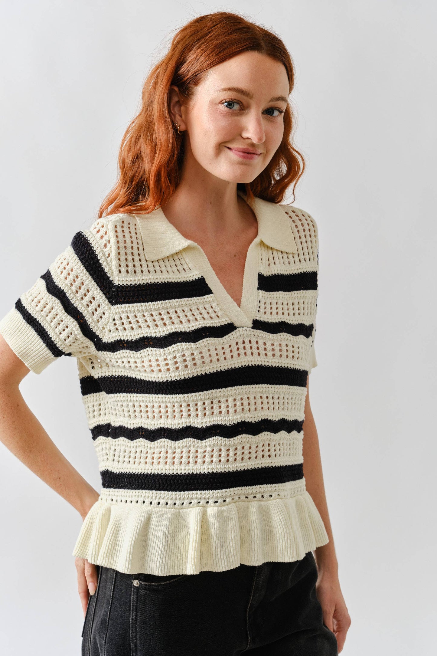 Open Knit Ruffle Hem Stripe Sweater