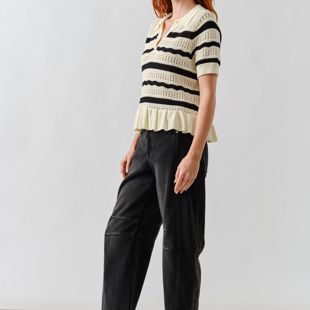 
                      
                        Open Knit Ruffle Hem Stripe Sweater
                      
                    