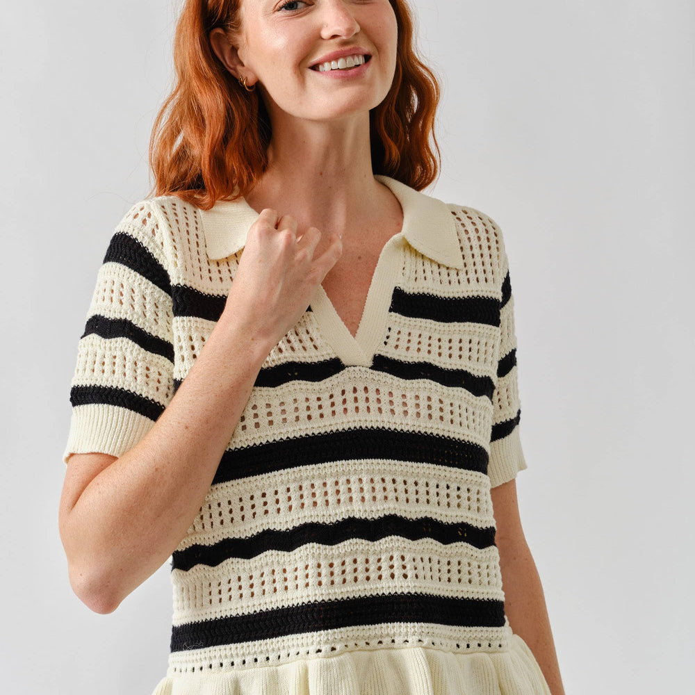 
                      
                        Open Knit Ruffle Hem Stripe Sweater
                      
                    