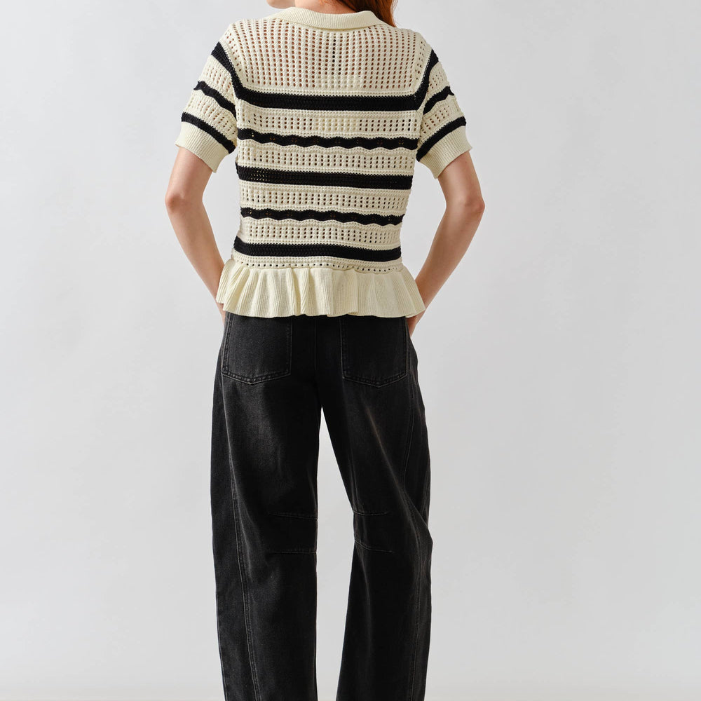 
                      
                        Open Knit Ruffle Hem Stripe Sweater
                      
                    