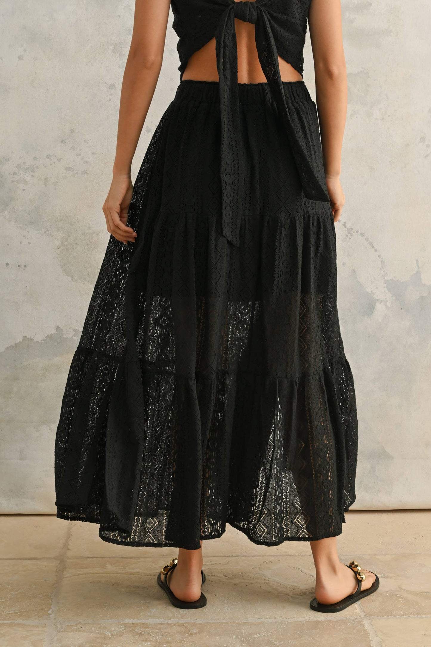 New Crochet Lace Tiered Skirt - Black