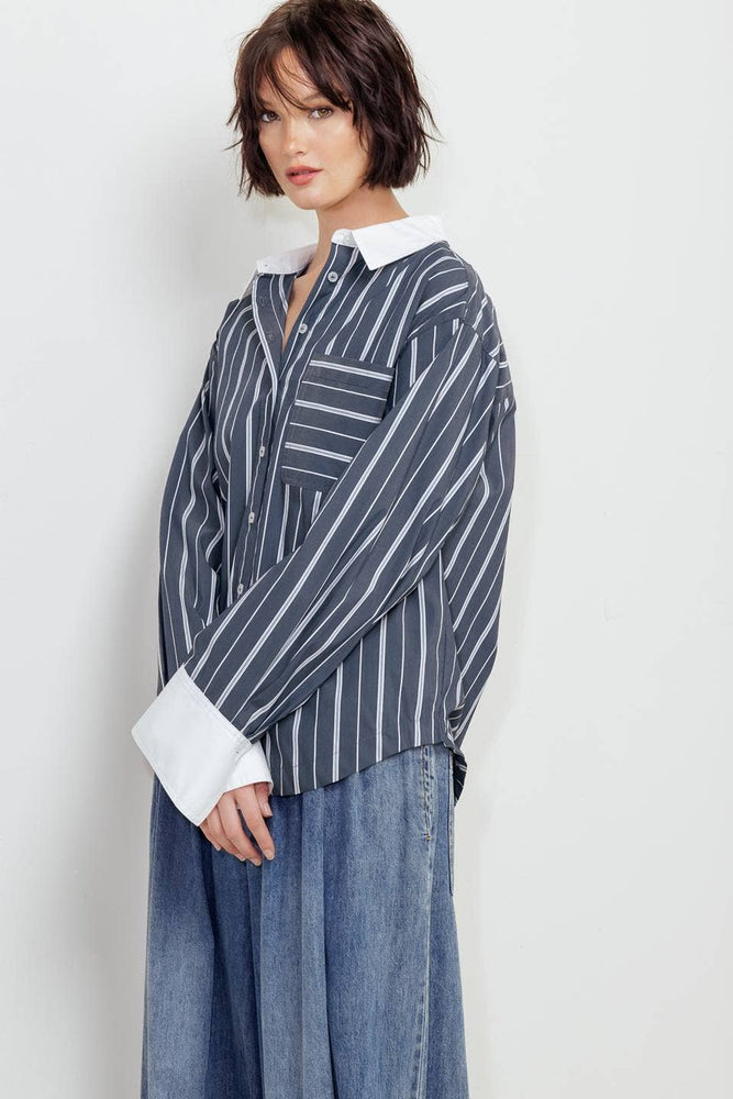 Anne Charcoal Striped Woven Top