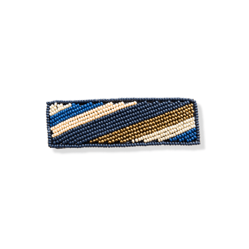 Theresa Striped Beaded Hair Barrette in Navy