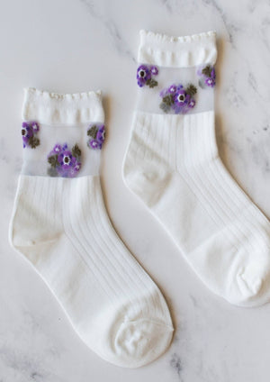 Vintage Flower Mesh Point Socks - Purple